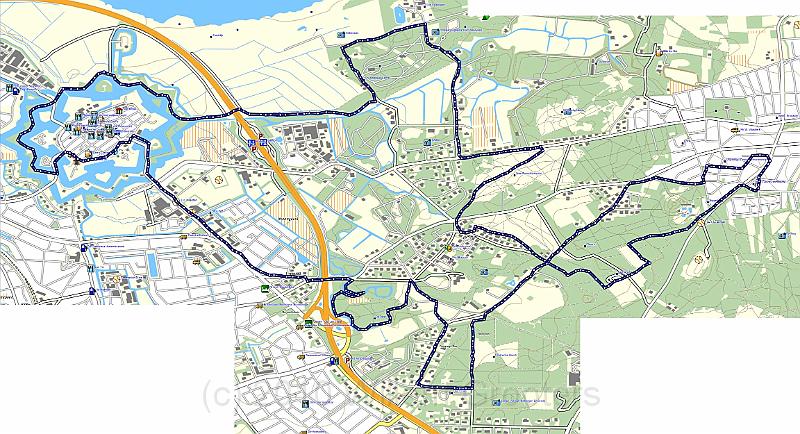 TopoNL.jpg - The track on the map; We started on the right edge, then south, next North towards the Gooimeer, from there to Naarden vesting that we circumvented, and from there, more or less east with a diversion South, next east and due North, and finally Northeast, and crossed the road we ent on in the mroning.