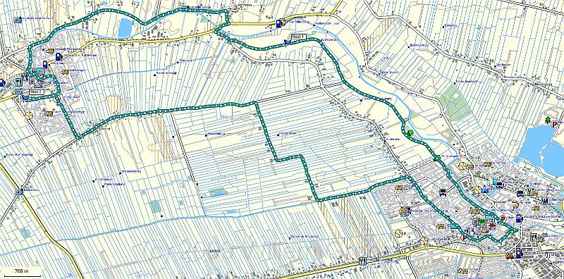 track.jpg - The track projected on the TopoNL map of the area. Wer started and ended the walk in the bootom right, along the northern route, following the Hollansche IJssel, to Montfoort in the top left corner, and returned along the southern route, following old dykes and boundaries between Holland and Utrecht.