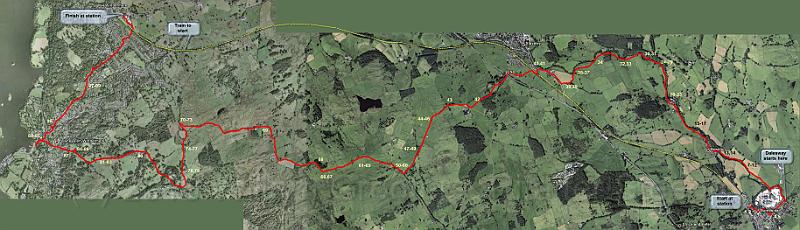 Google.jpg - The train ride from Windermere to Burneside, following the track, in yellow, and the walk back, following the last leg of the Dales Way, in red. As usual, the numbers refer to the location of the images - more or less.