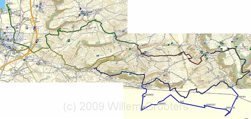 TopoNL.jpg - The full route, counter-clockwise from Teuven (B) to Eijsden (The Northern part: Krijtlandpad) and back (the southern part (GR-120)). The blue loop on the right is the route according the description but we followed the white-red signs.