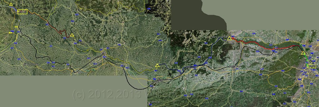 FullTrack.jpg - The whole route in Google Earth, showing our daily route and camping sites - and the train route back. Each day has been tracked (either real-time, or simulated afterwards), and this set is the combination of all.