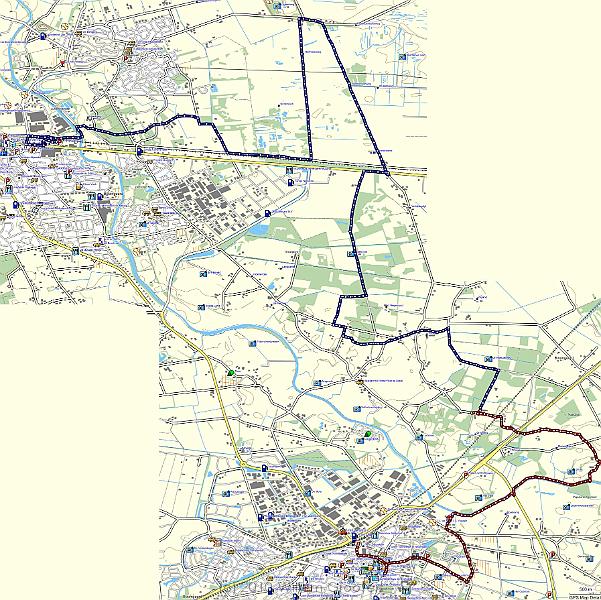 TopoNL.jpg - The route on Garmin's Dutch topological map. The red part is actually tracked but the battery wore out - the blue part has been drawn following the booklet. But it is the route we walked.