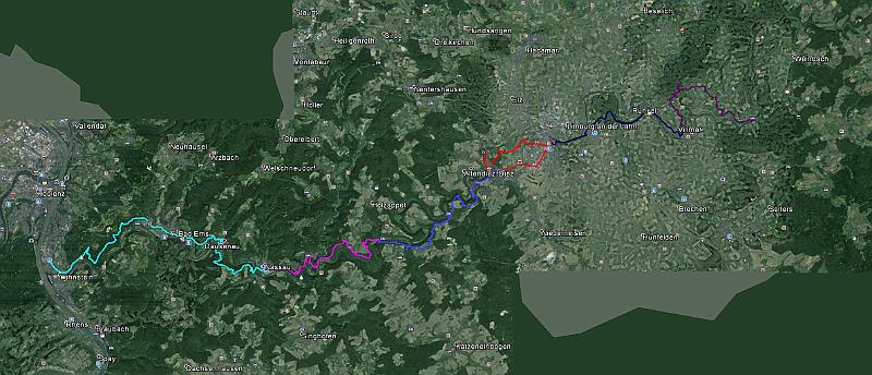 GoogleEarth.jpg - The route mapped on Google Earth, to get an idea of the surroundings. The whole route keeps to the Northern side of the river - the Westerwald region.