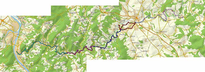 Map.jpg - The map of the walk - each day its own colour. The first day we walked from Diez to Limburg and back. The next days we walked to Limburg - parked the car at the nearest station, walked to the next and took the train back. After four days, we arrived at the endpoint - at Lahnstein. And the next two days, we walked two more legs, each day a bit further away.