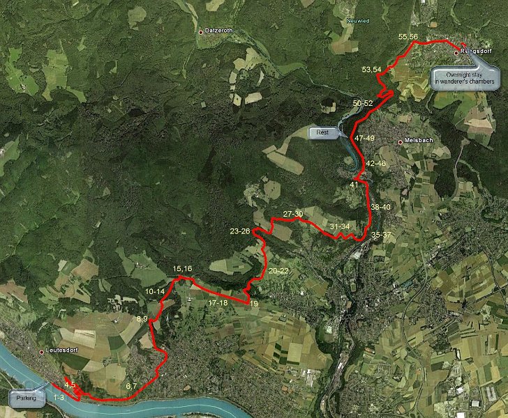 Google.jpg - The track on GoogleEarth - the numbers the assumed approximate locations of the images, showing the route passes different sceneries.